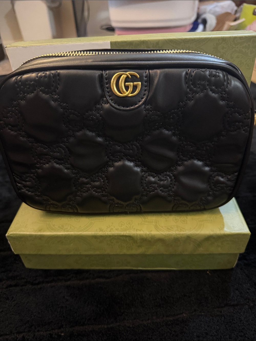 Gucci Black Quilted GG Leather Crossbody Camera Bag with Gold Hardware